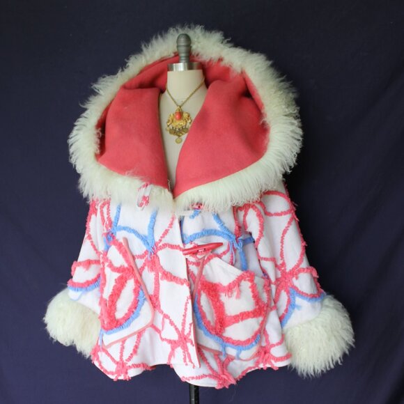Artisan Vintage Chanille blanket jacket mongolia lamb cloak poncho toggle coat - Picture 1 of 12